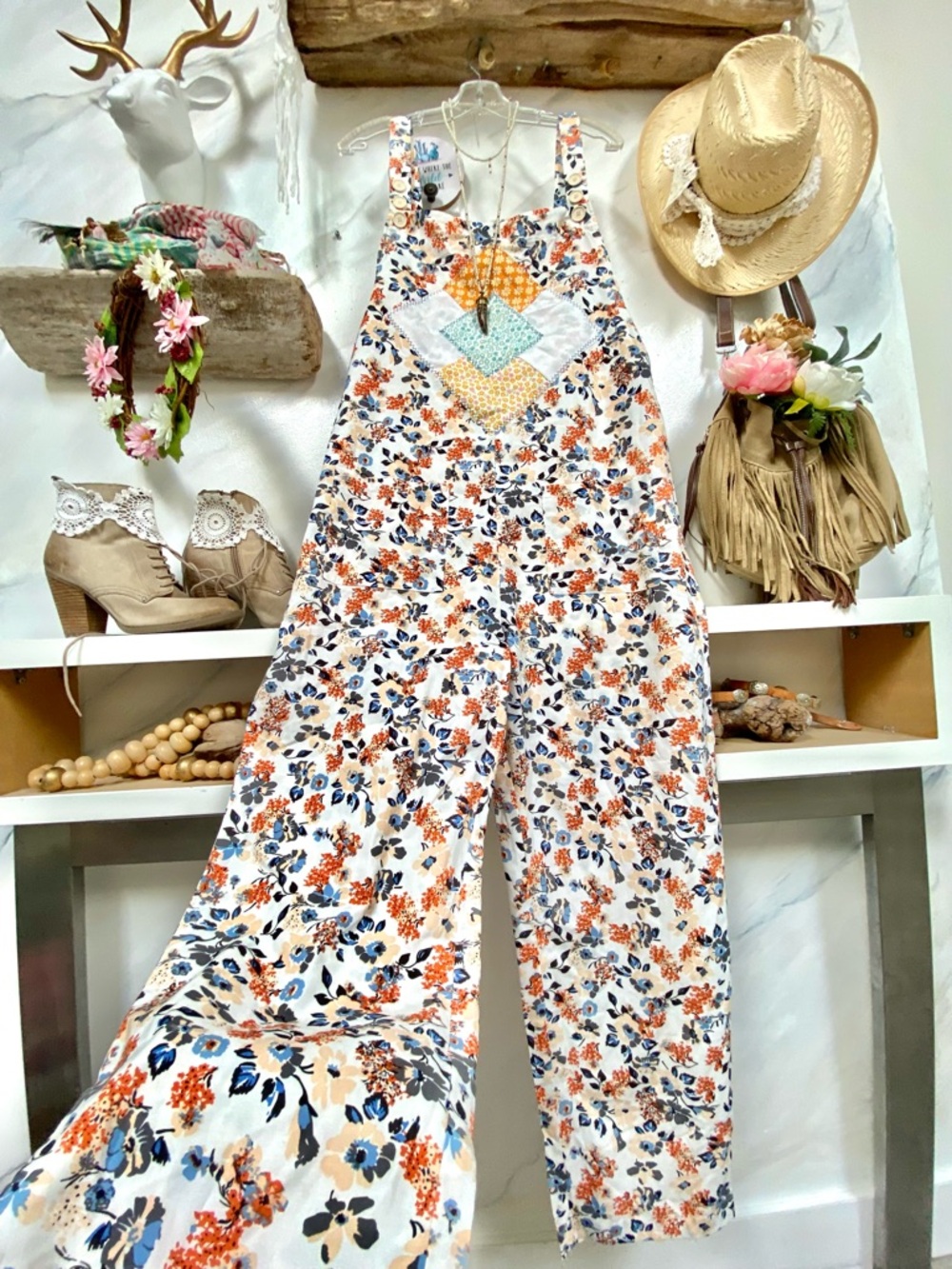 Artisan Upcycled patchwork boho floral overalls w prairie cottagecore vibe - Picture 3 of 15